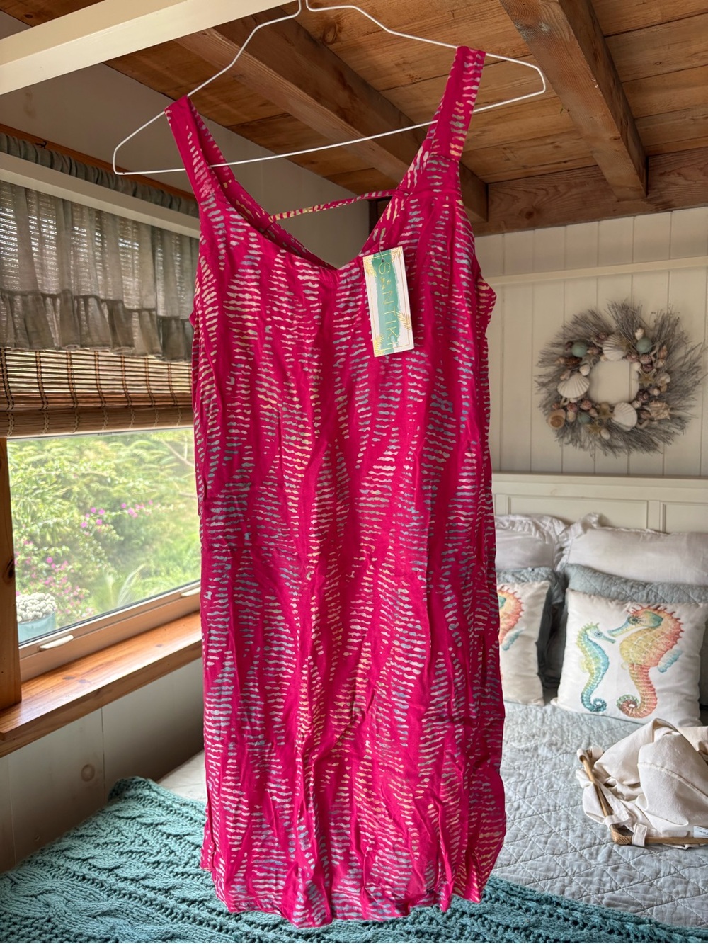 Santiki Jennie Dress in Bright Fuchsia Pink with Light Blue & White Accents